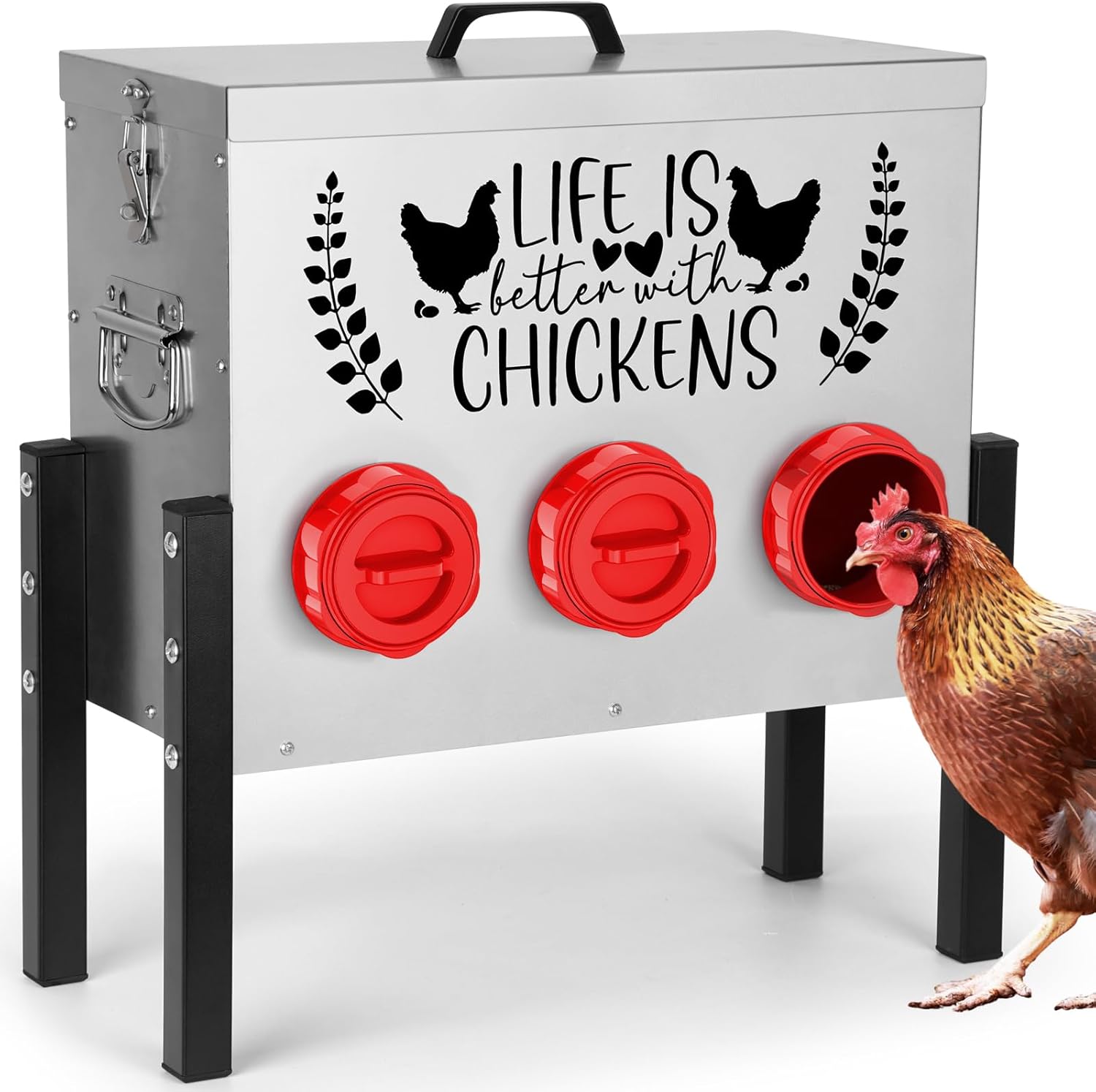 TGEYD 30 lb Chicken Feeder with 6 No-Waste Ports – Heavy-Duty Outdoor Metal Feeder with Adjustable Height, Locking Lid & Riveted Handles – Rustproof Feed Box for Poultry & Backyard Chickens