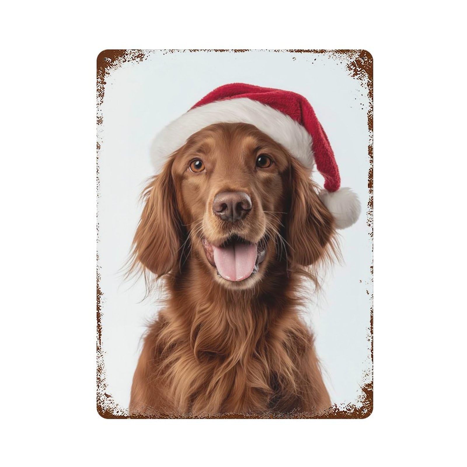 Garage Style Irish Setter Dog with Santa Hat Portrait Weathered Tin Sign 15.7"x11.8", Classic Wall Plaque for Bar And Workshop