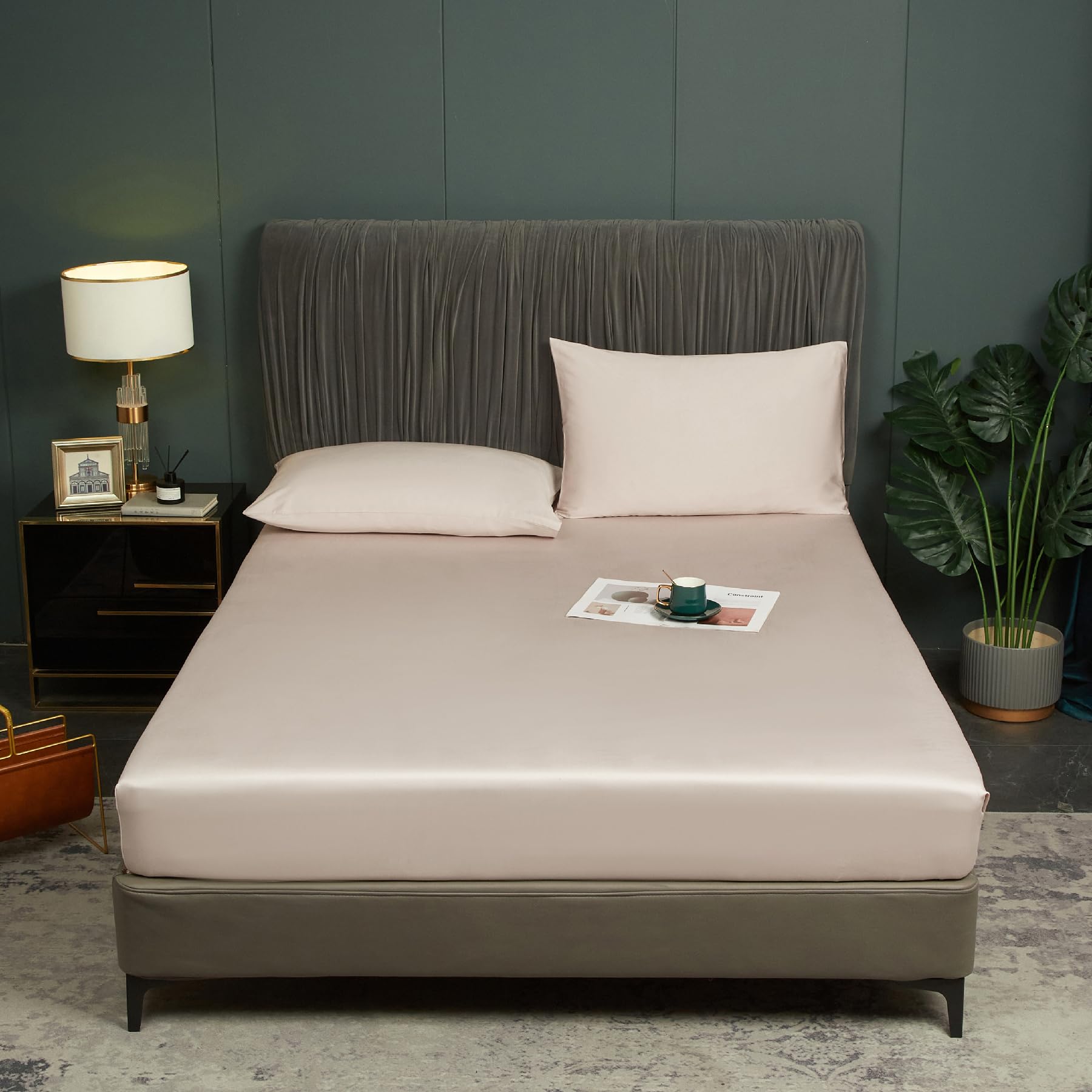 Bambus Lyocell Spannbettlaken 180x200cm Beige Boxspringbett Frottee Topper Glänzend Bambusfaser Bettlaken Spannbetttuch 180x200 für Hohe Matratze bis 30 cm