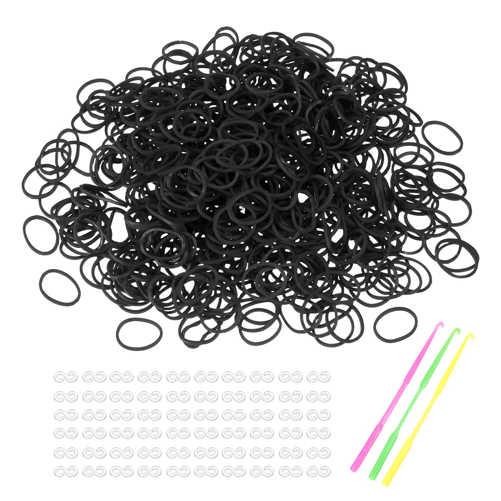sourcing map 1800 Pcs Loom Rubber Bands Kit with 75 Pcs S-Clips 3-Hooks Rubber Bands Refill Bracelet Making Kits for Weaving DIY Handcrafts Gift, Black