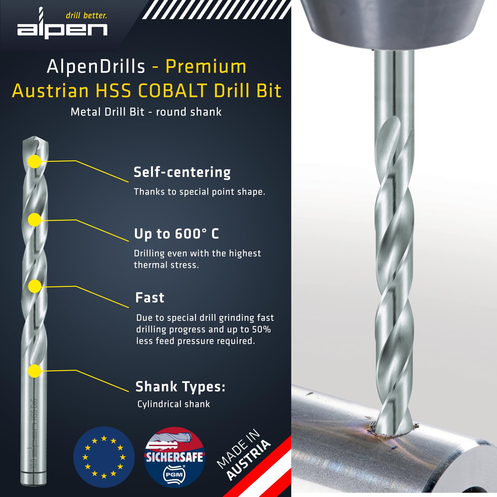 Alpen Juego de brocas de metal HSS Co de 31/64 pulgadas, juego de brocas de acero con 5% de aleación de cobalto para materiales resistentes, juego de brocas para metal, acero inoxidable y aceros