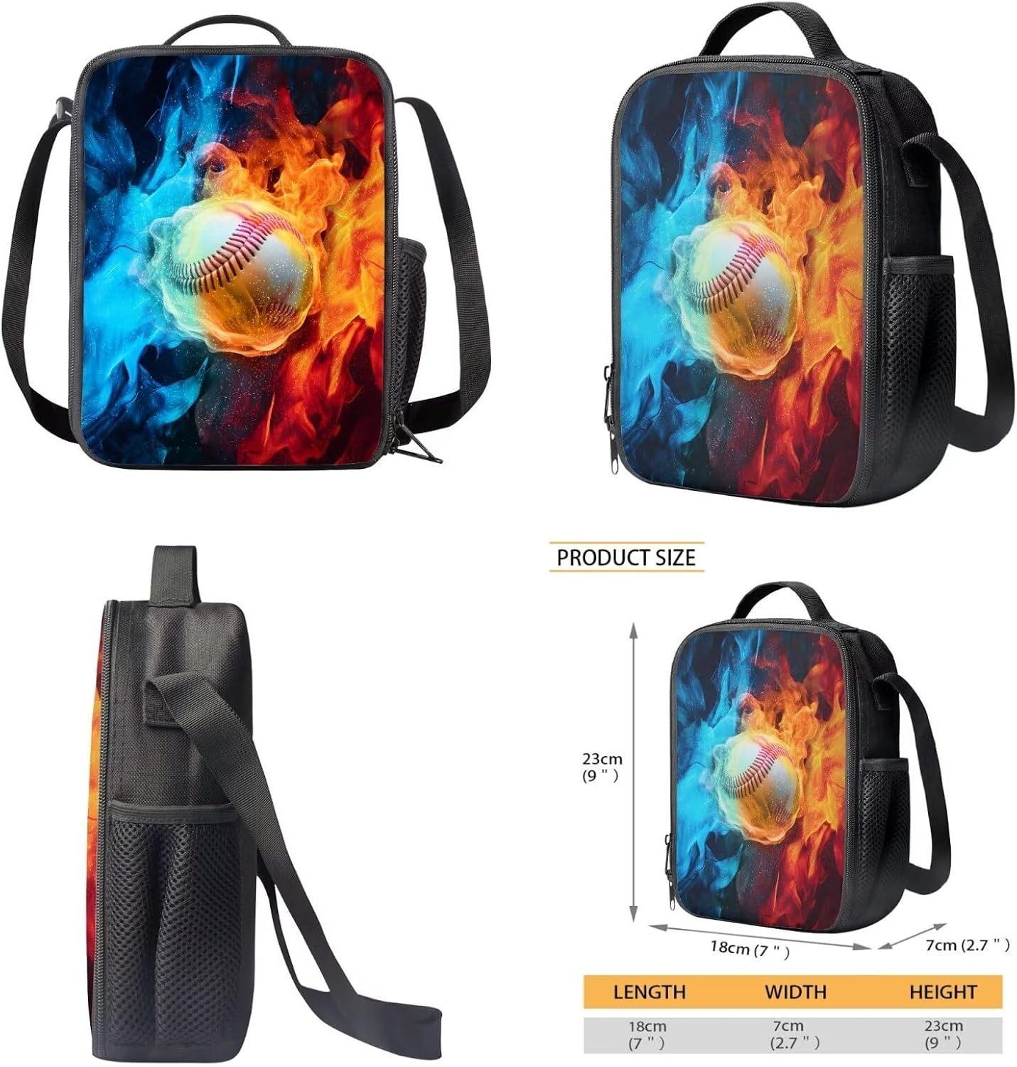 Vintage Fire Baseball Print Backpack Set Fashion 17 Inch Backpack with Lunch Bag and Pencil Case Bookbag Rucksack Daypack with Ergonomic Strap for Middle School Student