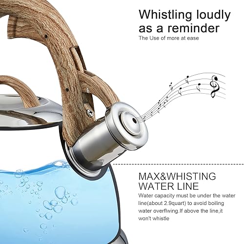 Miniatura 4 de Tetera de acero inoxidable, 2.5 cuartos de galón, tetera silbante para estufa, silbato