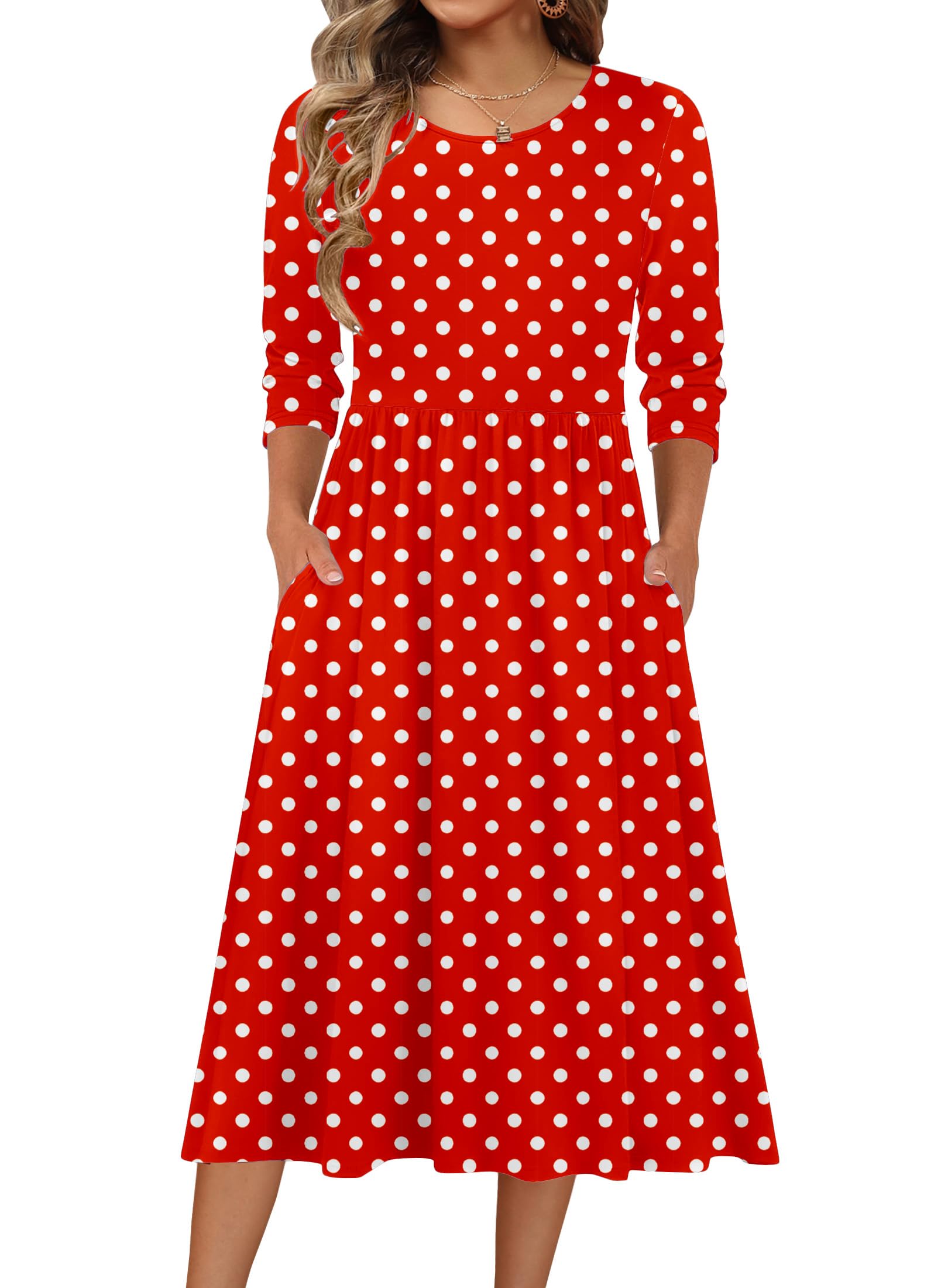 Zeagoo 3/4 Sleeve Women's Dress Casual Aline Summer Fall Midi Long Dresses | Dress With Pocket,Solid Color,Boho Floral,Early Fall Fashion 2026,High Waist Stretch,Loose Swing,Everday,Work,Party