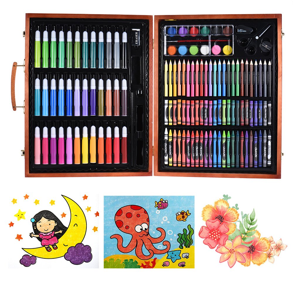 Goolsky 148pcs Deluxe Art Set for Kids with Wooden Case Color Markers Pencils Crayons Oil Pastels Watercolor Painting Supplies