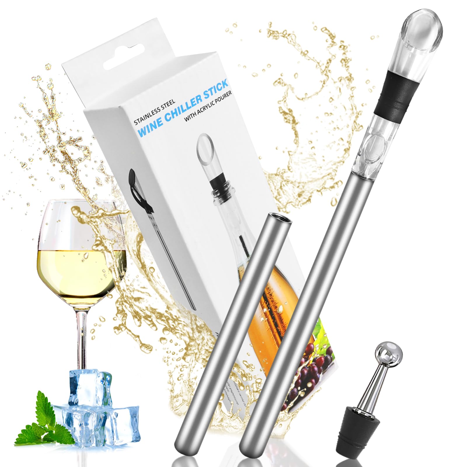 Wine Cooler Set - Stainless Steel Wine Cooling Rod with Pourer & Stopper - Wine Accessory Gift for Men and Women - Perfect for Red and White Wine