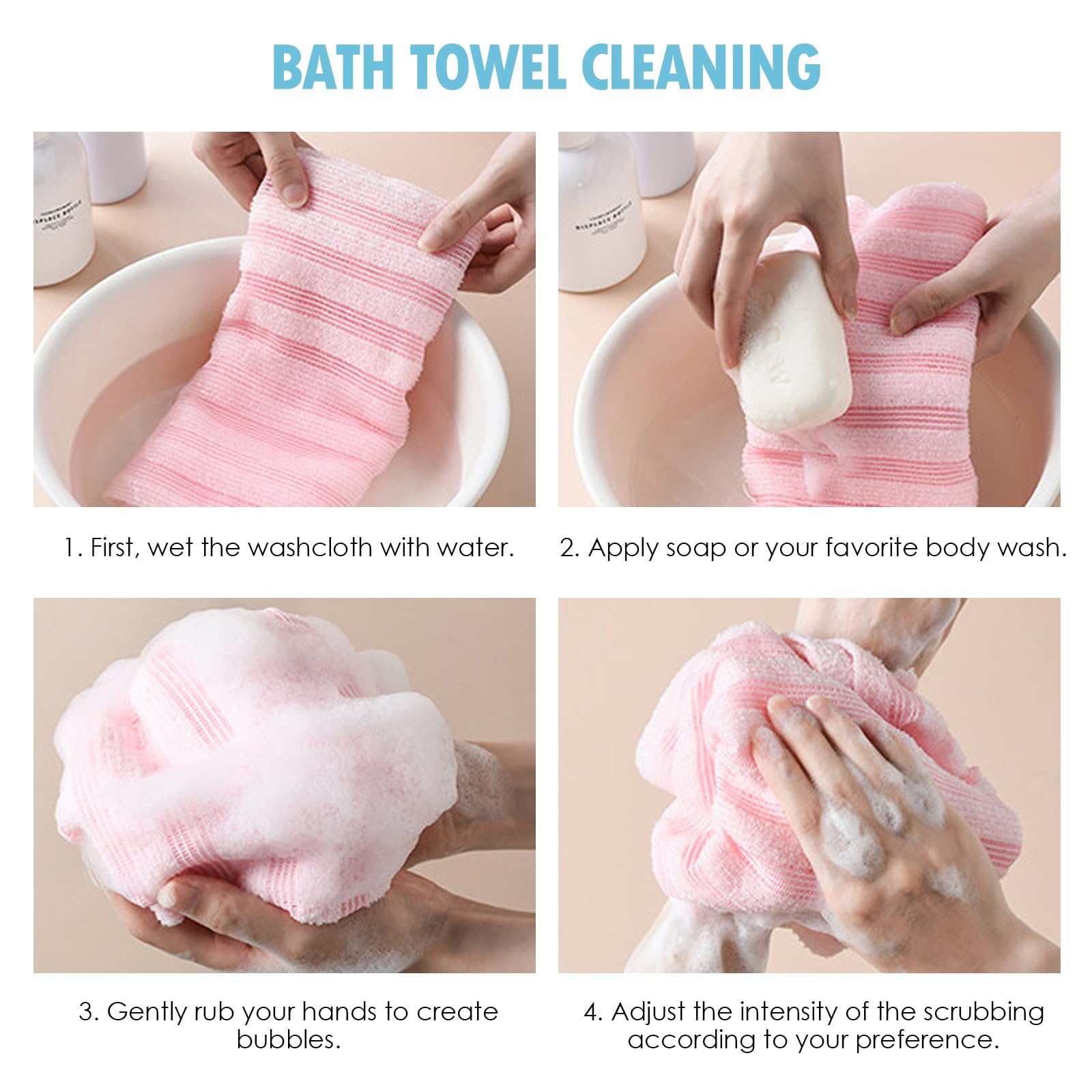 Exfoliating Shower Towel, 4 unidades de toallas exfoliantes japonesas, toallas de ducha exfoliantes extralargas, toalla exfoliante de dos caras para limpieza, spa, baño y ducha, hombres y mujeres