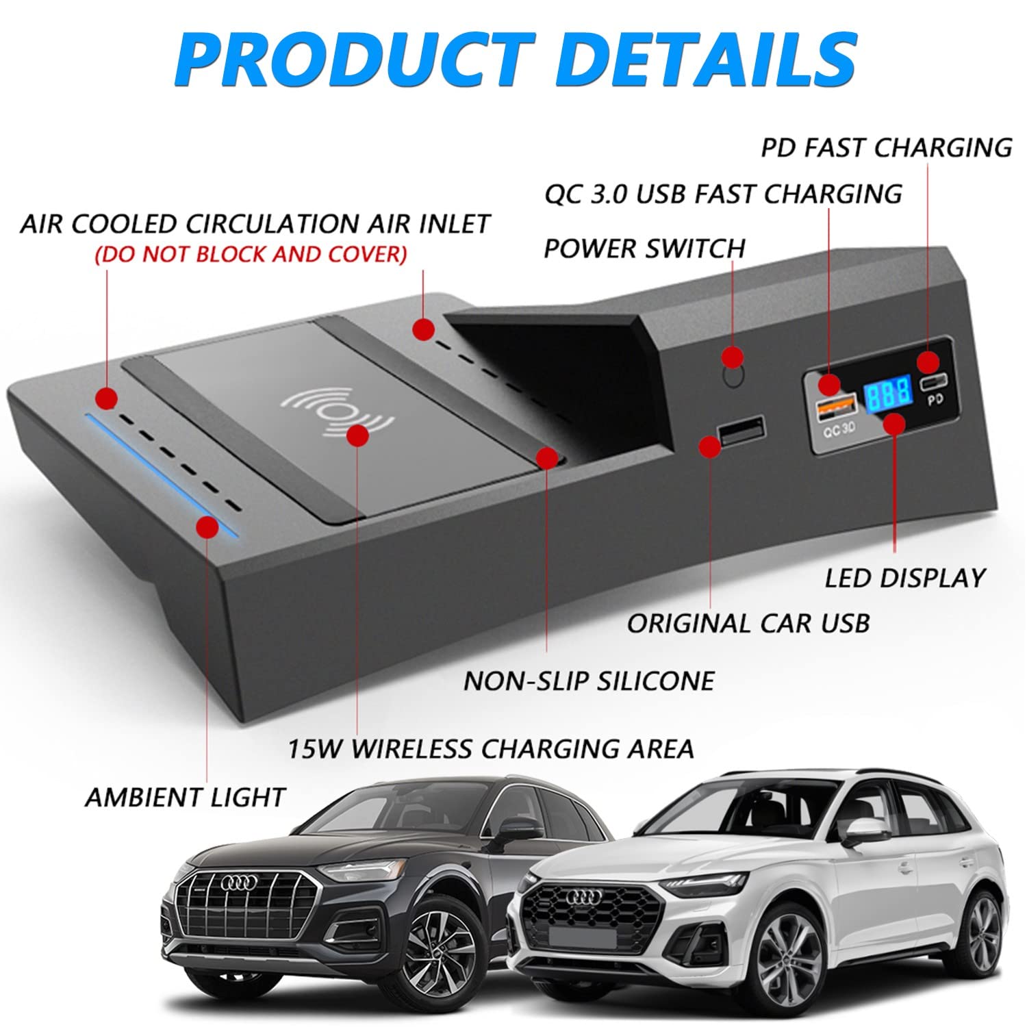 Cargador Inalámbrico Coche para Audi Q5 SQ5 2022 2021 2020 2019 2018, 15W Carga Rápida Auto Teléfono Cargador Consola Central Accesorios con Puerto USB QC3.0 para iPhone12/13 Galaxy S22/S21