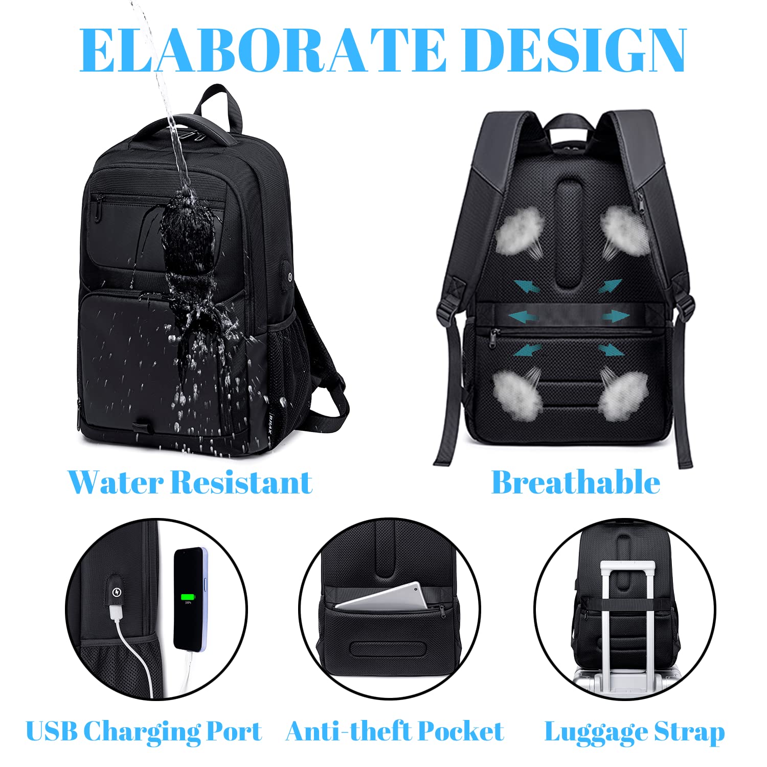 BJIAX Zaino Uomo Zaino per PC Portatile, 15.6 Pollici Zaino Porta PC con Caricatore USB Zaino da lavoro, 35 Litri Impermeabile Zaino per Laptop, Computer, Notebook, Viaggio Regalo Uomo - Nero