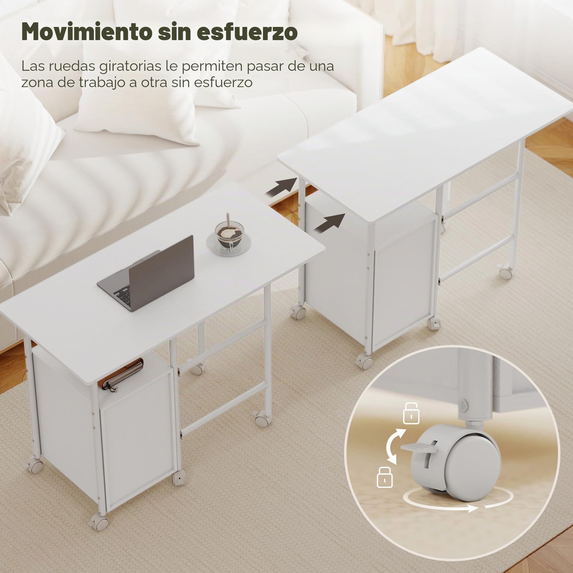 HOMCOM Escritorio Plegable con Ruedas y 3 cajones 105x51x75,5 cm Blanco | Escritorio para ordenador, sobre extensible, estructura de acero, para teletrabajo, dormitorio, estudio, estilo moderno.