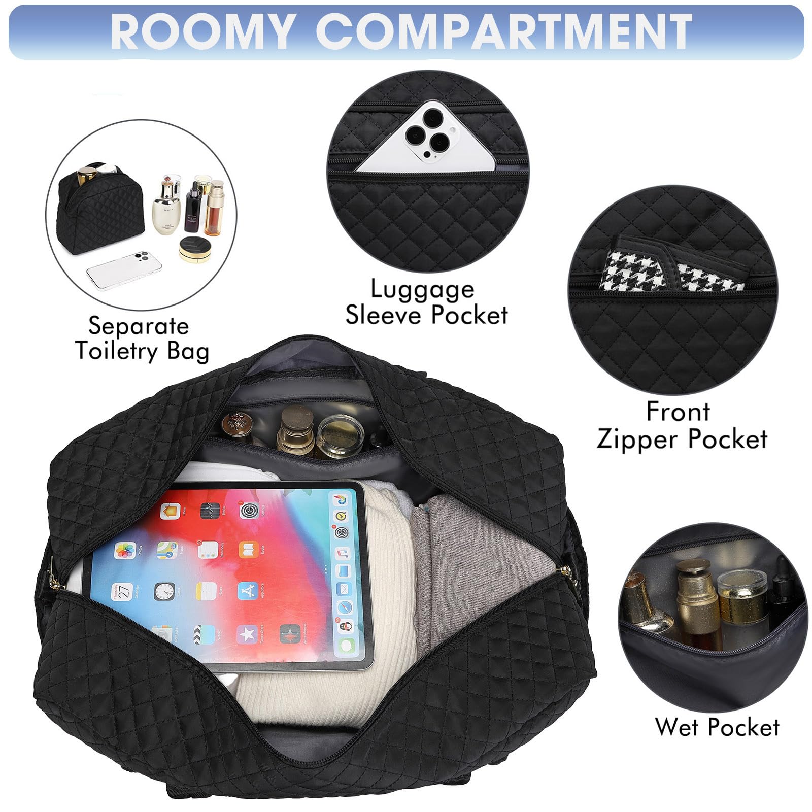 Large Women's Travel Duffel, Weekender with Shoe Compartment, Carry On Overnight Bag, Gym Duffel with Wet Pocket, Hospital Bags Set view 3
