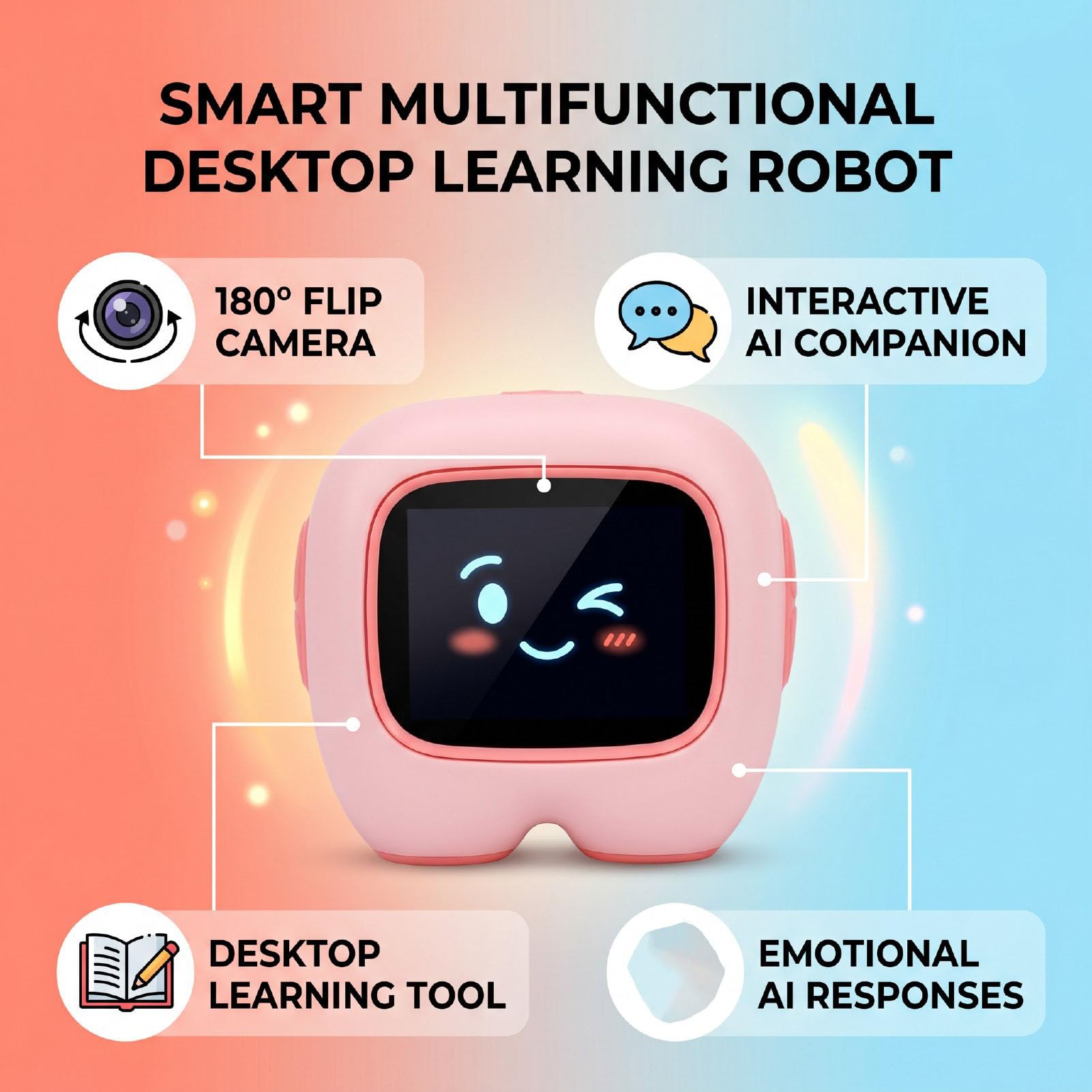 Emocjonalny Robot AI Kamera 2 MP Odwracany o 180° Pulpit Towarzysz ze Sterowaniem Głosowym Rozpoznawanie Obiektów dla Dzieci Interaktywna Nauka