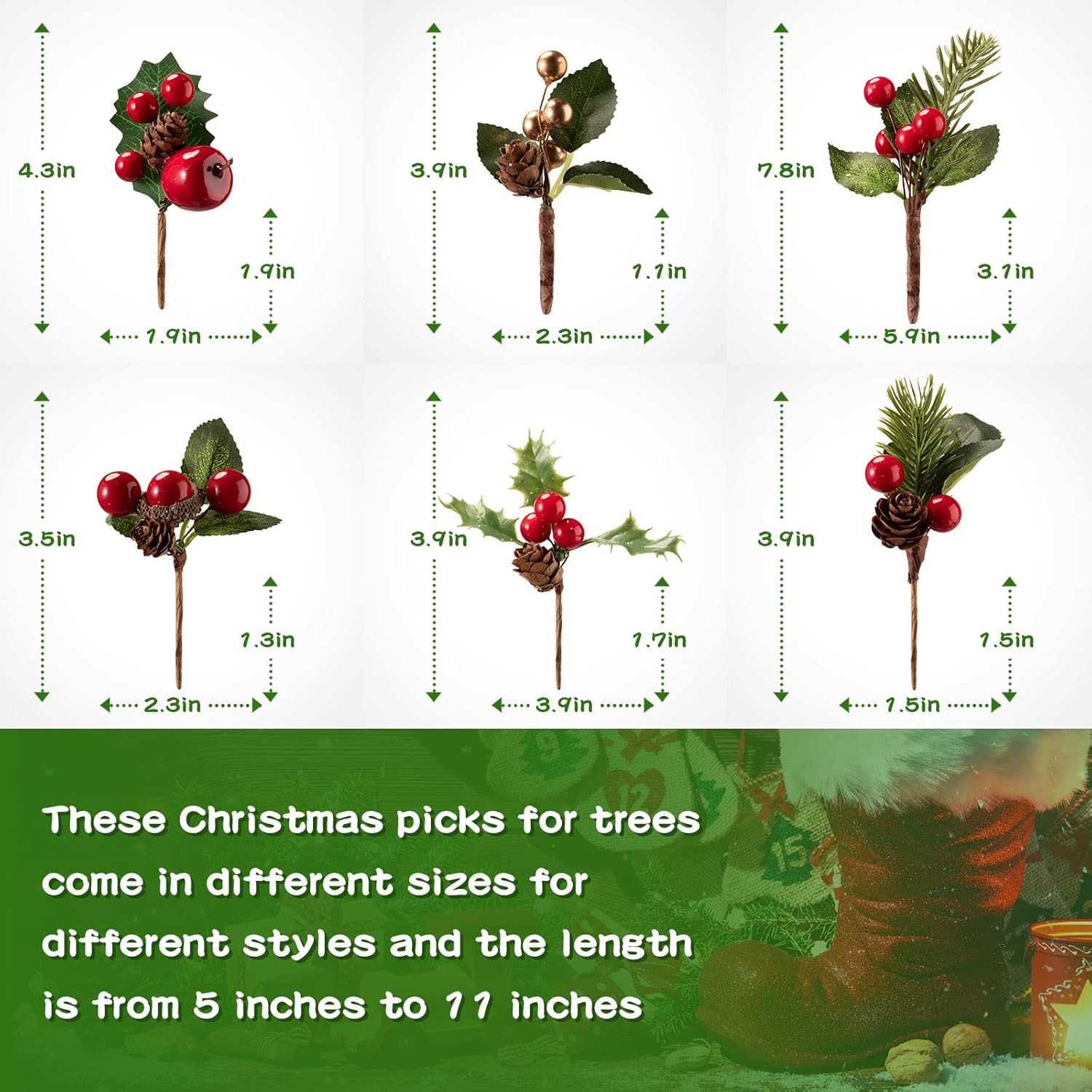 Yunsailing 37 Pcs Artificial Christmas Tree Picks Faux Cedar Holly Pine Stems with Red Berries Christmas Tree Picks Decorations for Xmas Winter Holiday DIY Crafts Wreath(Classic)