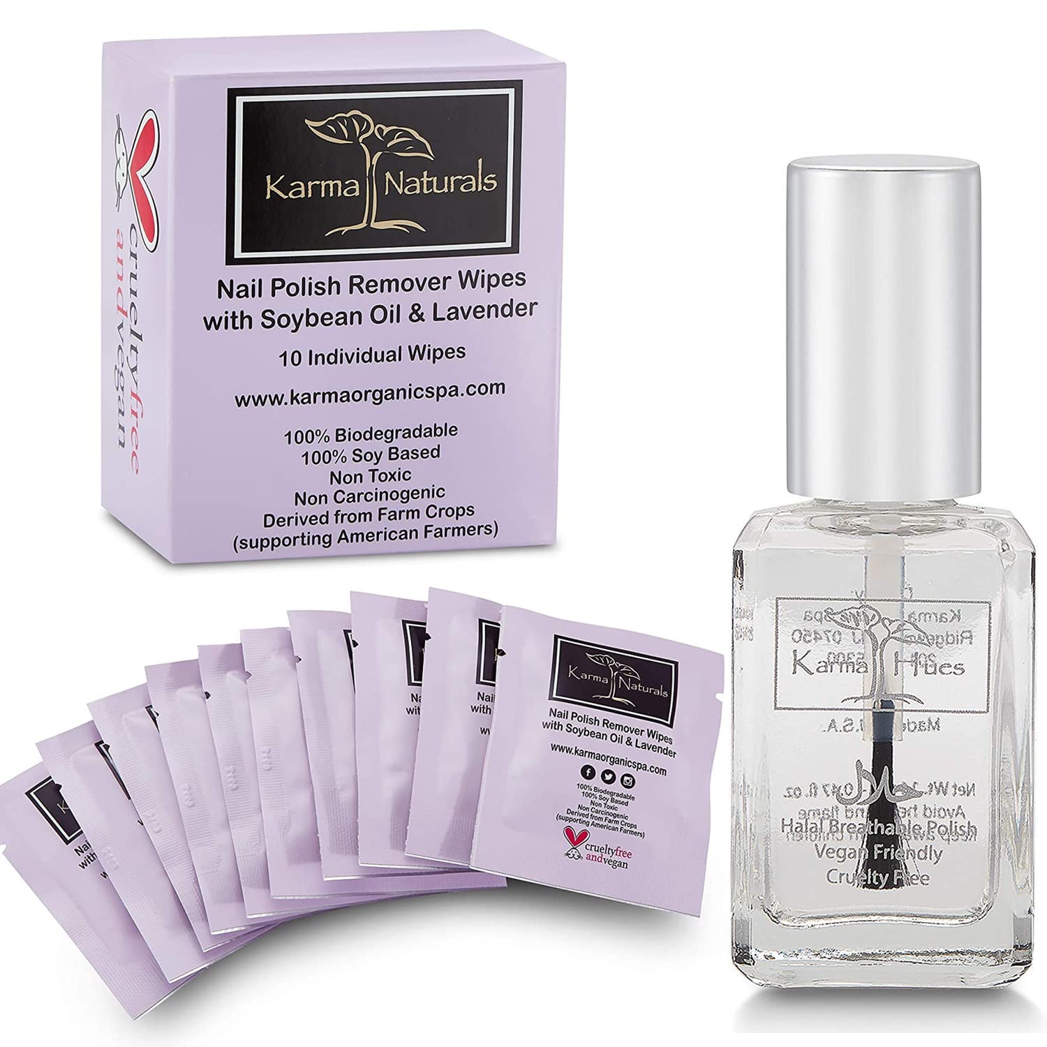 Karma Organic Nail Polish Remover Wipes & Top Coat Bundle – Lavender Nail Polish Remover Wipes (Pack of 10) Breathable Top Coat - ANASTASIA (0.43fl-oZ)
