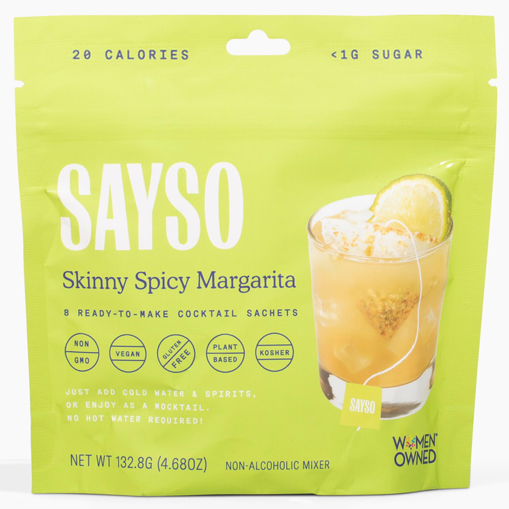 SAYSO Skinny Spicy Margarita Original Cocktail Tea Bag | Cocktail or Mocktail in Under 1 Min, Without Hot Water, <1G Sugar, 20 Calories, Non-GMO, Gluten-free, Kosher & Vegan Mixer, 8 count