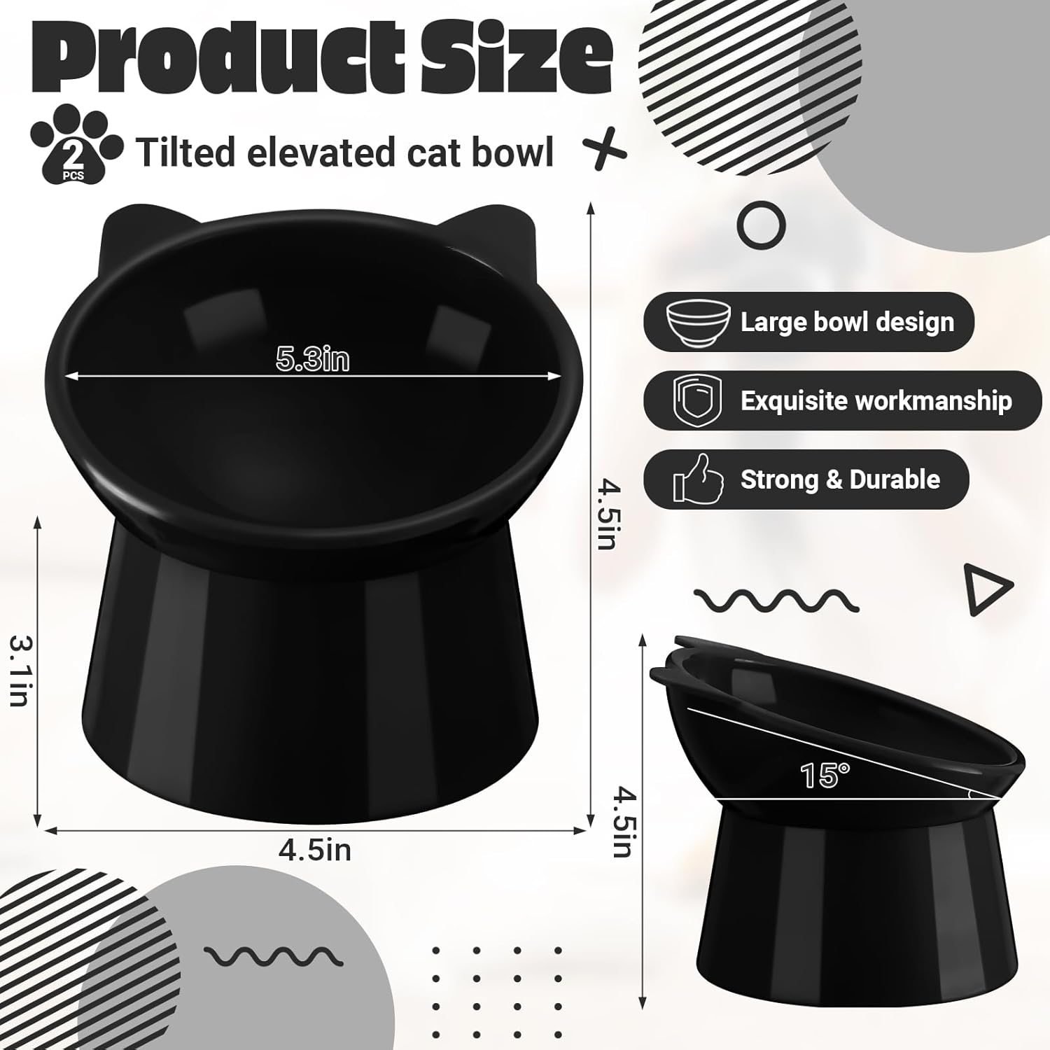 Zhehao 2 Pieces Plastic Raised Bowl Tilted 15 Degrees Elevated Cat Food and Water Bowls Set Anti Vomit Dog Kitten Food Dishes Pet for Cats and Small Dogs(Cat Ears,Black)