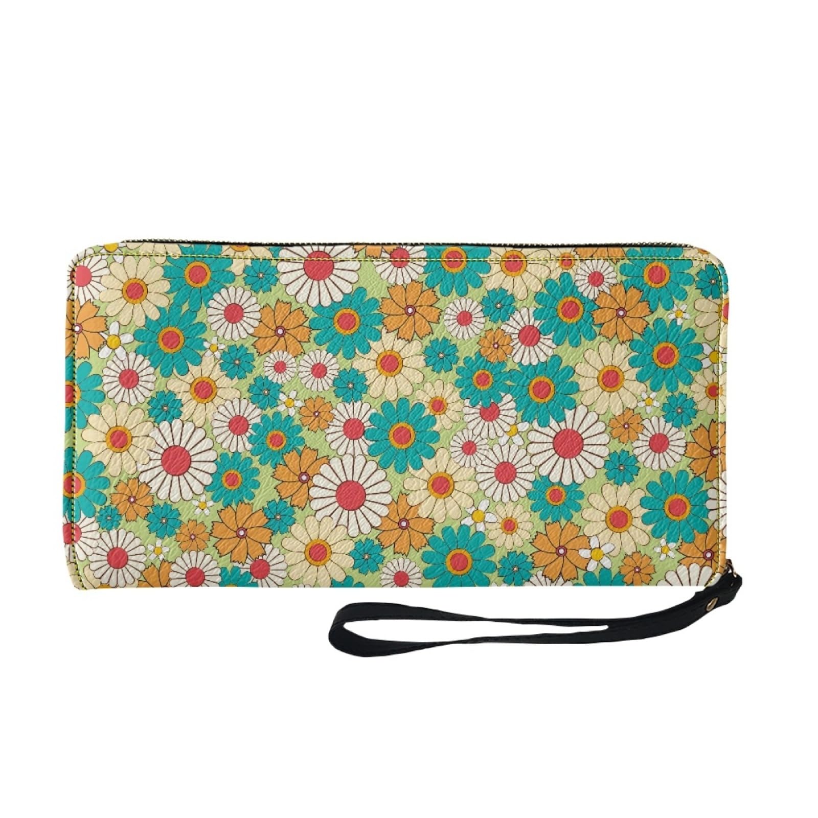 Portafoglio Donna Portamonete Porta Carte di Credito Donna Uomo Wallet | Portafogli con Zip e Cinturino da Polso Leggero Durabile Portatile,Impermeabile Cuoio,Fiore Arancione Verde 11x20cm/2 Unità