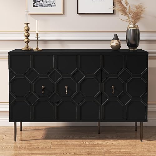 Sideboard Buffet Cabinet with Storage, 47" Accent Cabinet with Decorative Carved Pattern Doors, Credenza Storage Cabinet for Living Room, Kitchen, Dining Room, Hallway, Black