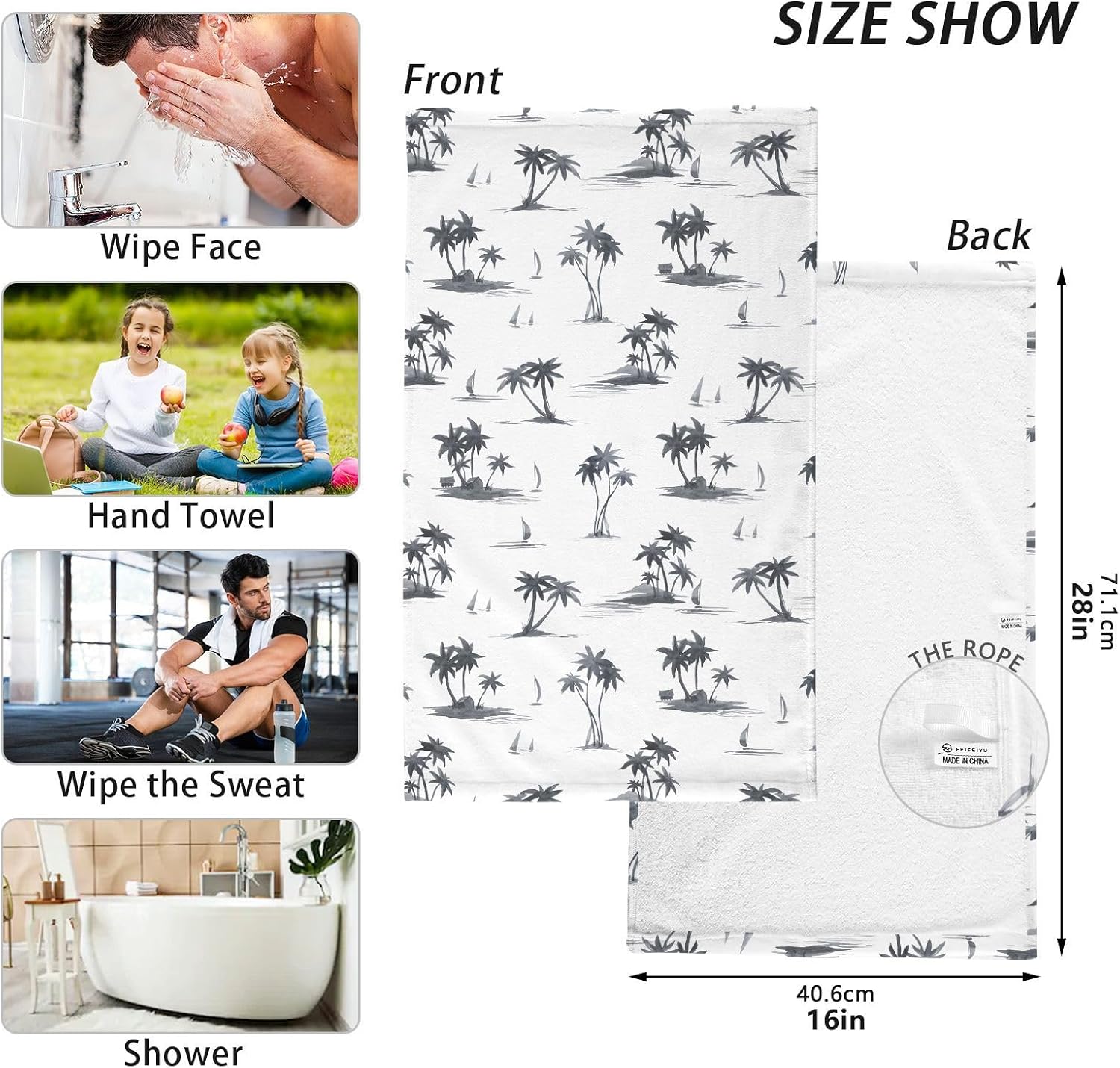 Cotton Hand Towels for Bathroom Set of 2 Watercolor Tropical Sailboat Palm Trees Black White Absorbent Soft Decorative Face Towels for Guest Gym Hotel Sports 16x28 in Towel
