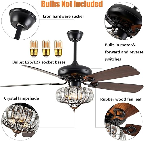 Miniatura 6 de MARTEXBUY Ventilador de techo de 52 pulgadas, ventilador de techo de cristal negro con luz, lámpara de araña de 5 cuchillas, 3 velocidades con