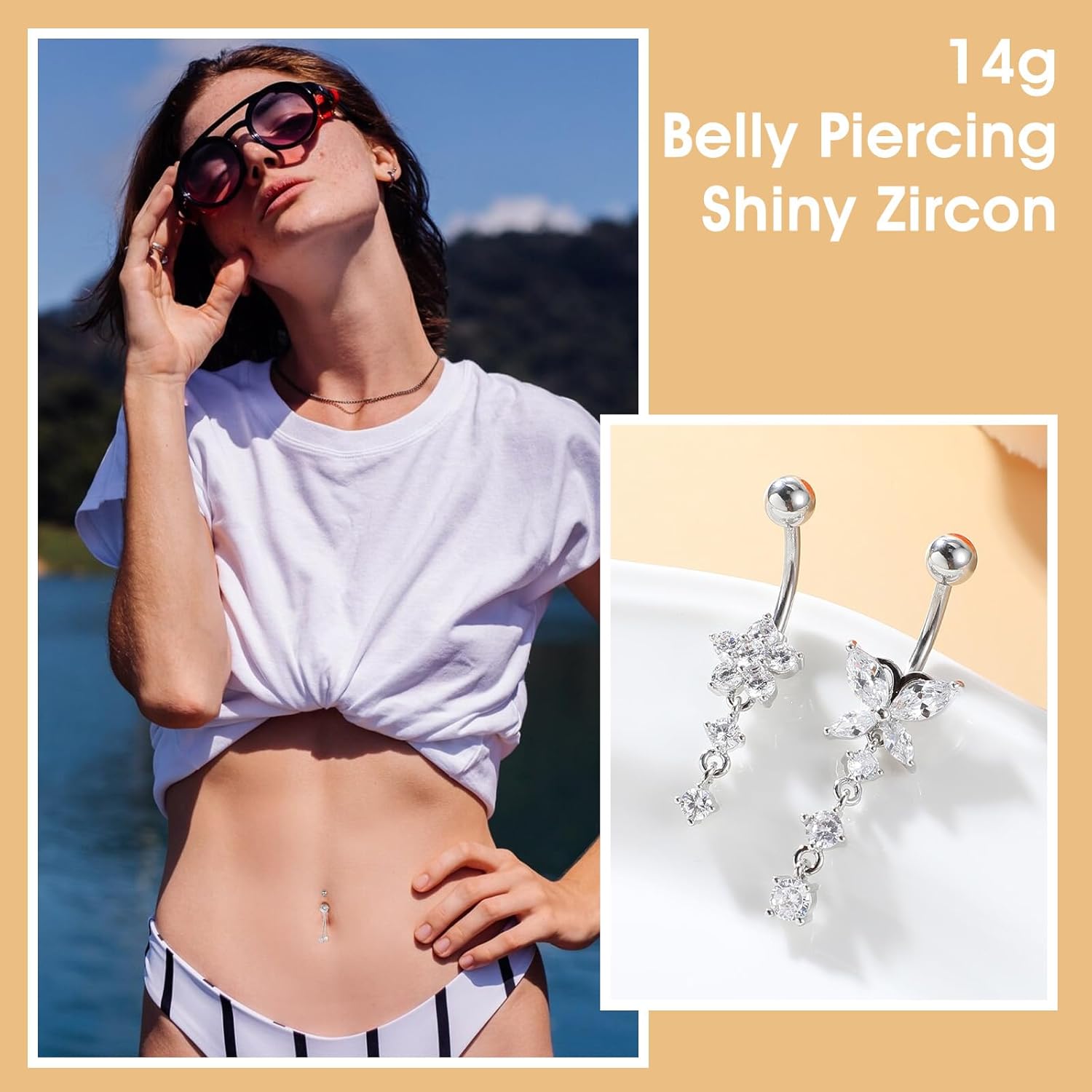 Belly Button Rings for Women, 5 Pcs 14G Dangle Surgical Stainless Steel Belly Ring Dangling Body Piercing Jewelry Barbell for Women with Heart Flower Butterfly Elements - Image 6