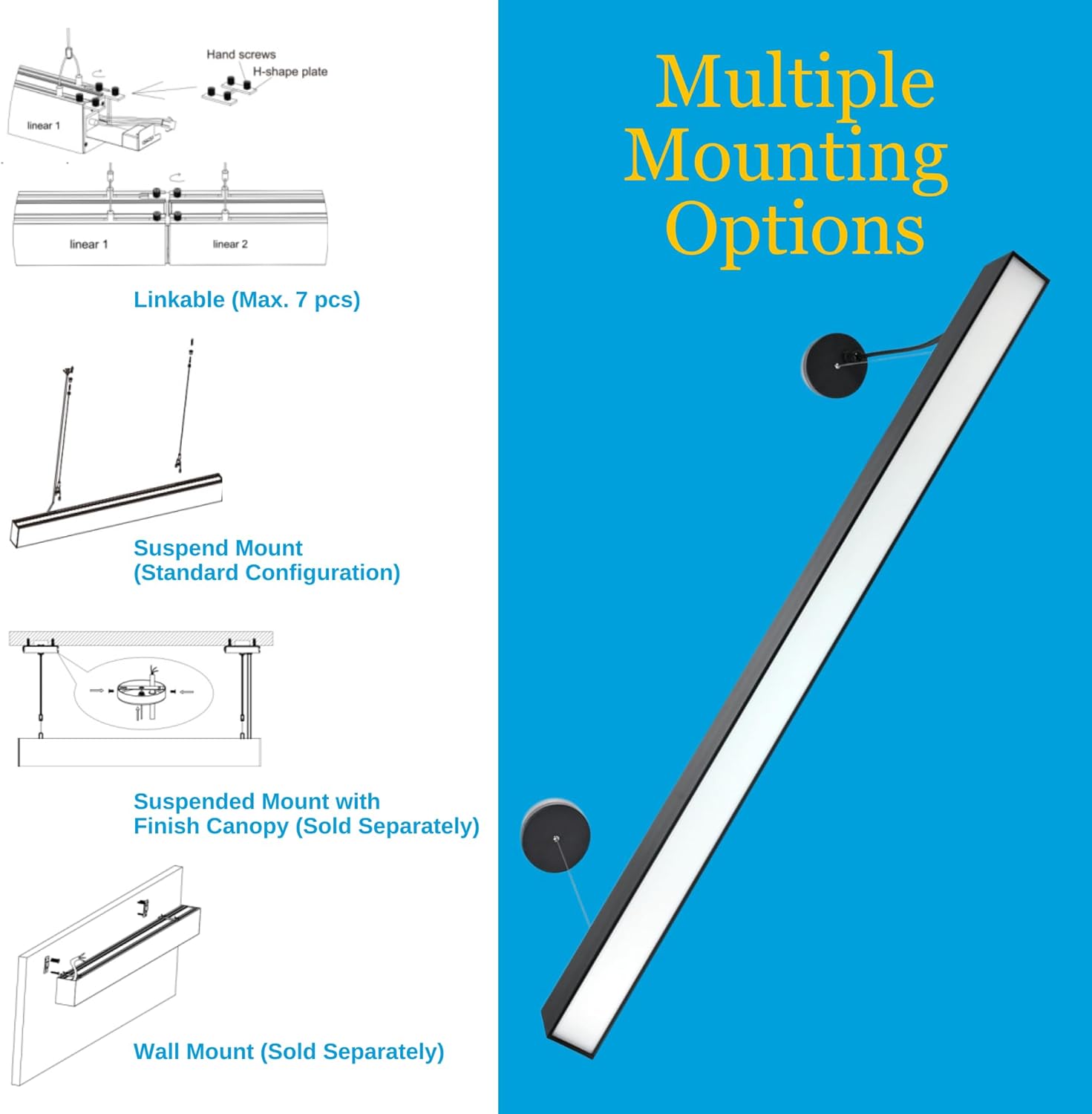 LED Linear Light - 4ft Color Adjustable LED Up & Down Light Fixture - 50 Watt - 3000K/4000K/5000K - Energy-Efficient Commercial Illumination Solution Ideal for Office and Workshops - Black