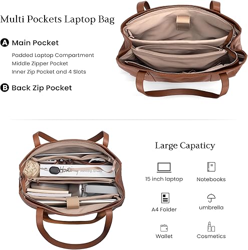Miniatura 3 de befen Bolsa de cuero genuino para computadora portátil para mujer, bolsas de computadora de 15.6 pulgadas, bolsas de trabajo, bolso de hombro Marrón