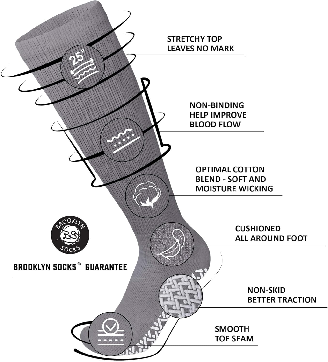 4 Pairs of Non-Skid Over-The-Calf Diabetic Cotton Socks with Non Binding Top (Gray, Fits US Men's Shoe size 9-12) - Image 4