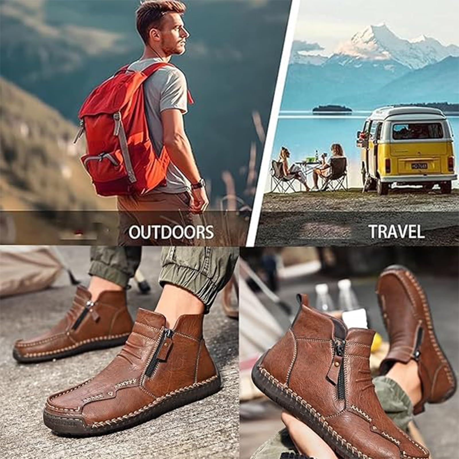 Stivali da Guida in Pelle Fatti A Mano da Uomo, Stivaletti Chukka Alti | Stivali Da Trekking Con Cerniera Laterale A Punta Larga Scarpe Da Ginnastica Da Passeggio Per Esterni