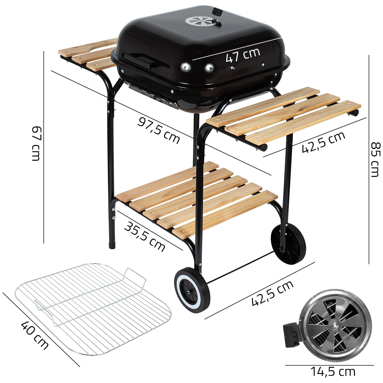 MalTec grill na węgiel drzewny + dmuchawa, grill kempingowy, grill piknikowy, grill na kółkach, do ogrodu, na kemping, taras