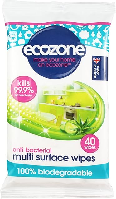 EcoZone Anti-Bacterial Multi-Surface Wipes, Biodegradable Moist Wet Anti Bac Disposable Cleaning Cloths, Sanitising Worktop Natural Vegan Friendly Non Toxic Wipes, Aloe Vera & Cucumber (40 Pack)