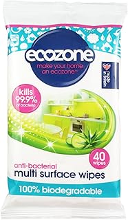 Ecozone Anti-Bacterial Multi-Surface Wipes, Biodegradable Moist Wet Anti Bac Disposable Cleaning Cloths, Sanitising Worktop Natural Vegan Friendly Non Toxic Wipes, Aloe Vera & Cucumber (40 Pack)