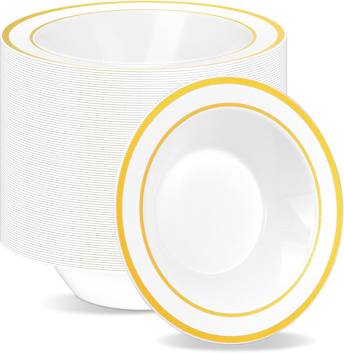 100 Pack 12oz Plastic Bowls with Gold Rim,Heavy-Duty Disposable Soup Bowls for Hot or Cold Food,Premium Plastic Dessert & Salad Bowls for Wedding,Party,Catering & Everyday Use