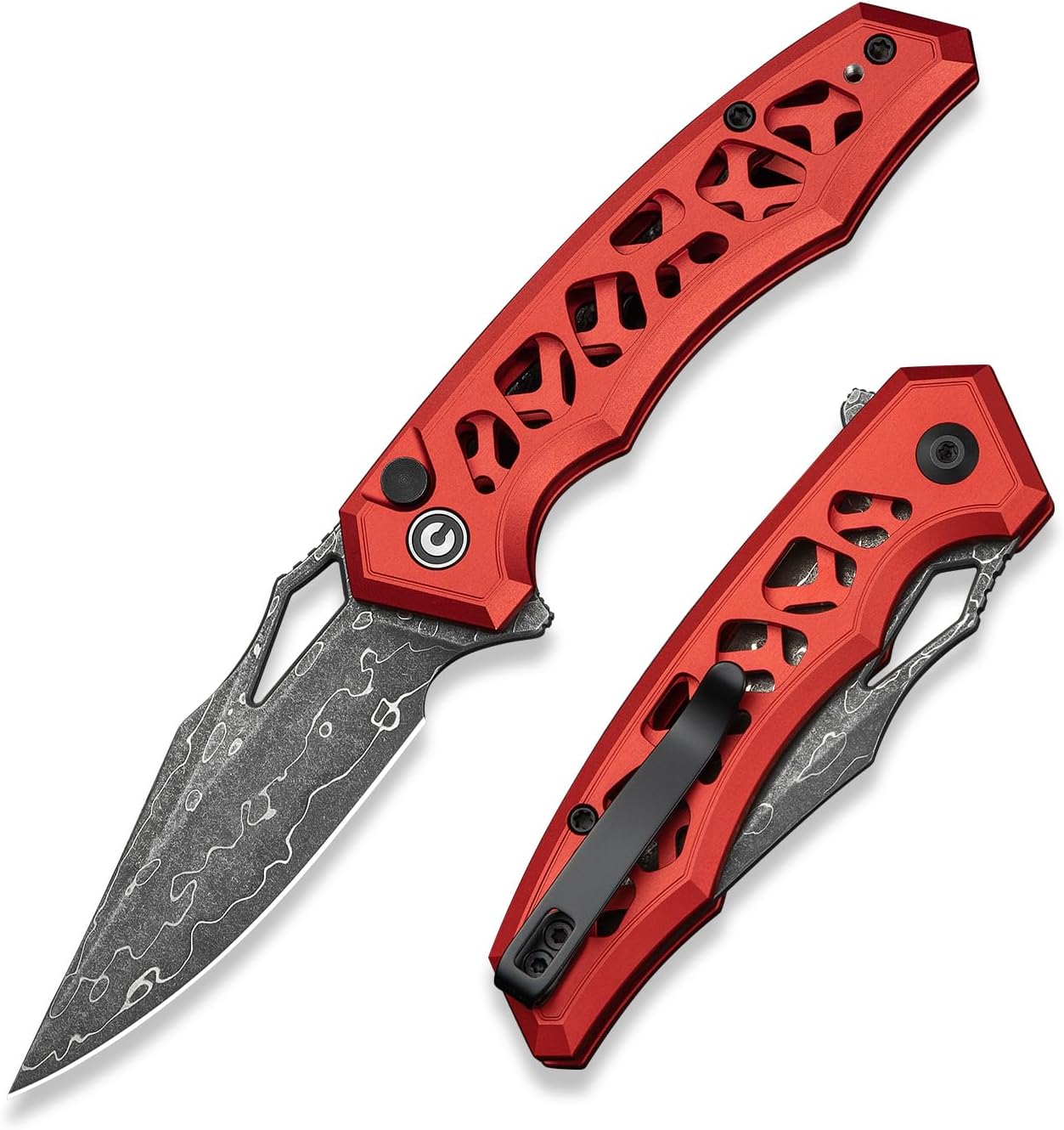 CIVIVI Anaaki Folding Pocket Knife, 2.98" Damascus Blade Aluminum Handle with Reversible Clip, Lightweight Skeletonized EDC Knife for Camping Hiking C24039-DS1, Red