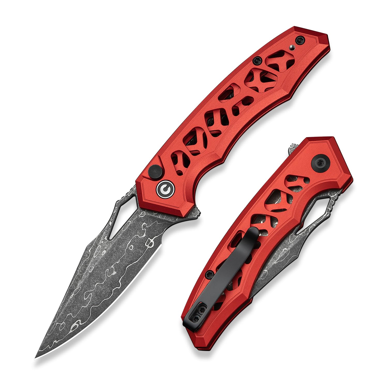 CIVIVI Anaaki Folding Pocket Knife, 2.98" Damascus Blade Aluminum Handle with Reversible Clip, Lightweight Skeletonized EDC Knife for Camping Hiking C24039-DS1, Red