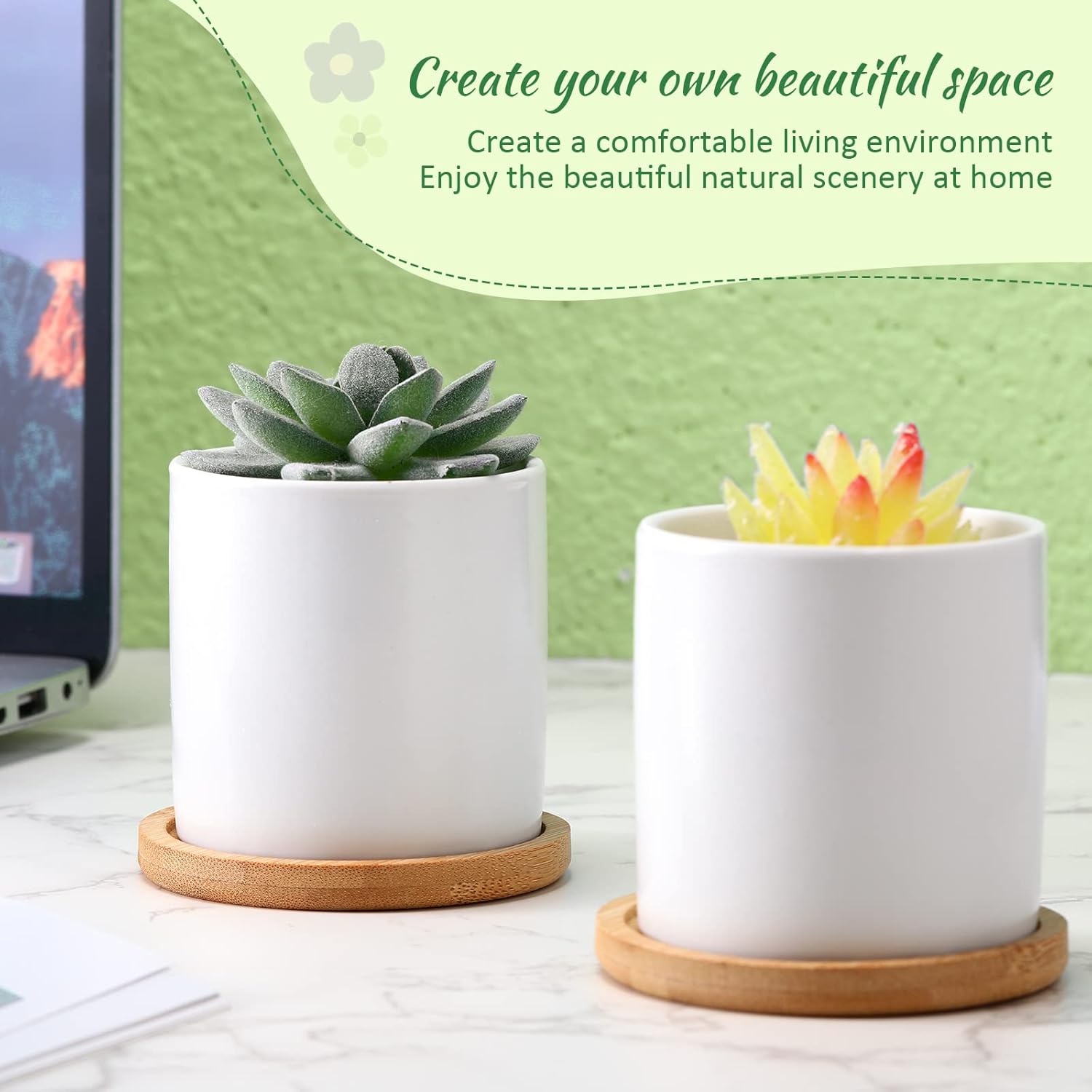 Cindeer 12 Pack Small Succulent Plants Pots 3 Inch Ceramic Flower Planter Pot and Bamboo Tray with Drainage Hole for Succulents Cactus Indoor Garden Decorations, Plant Not Included(White)