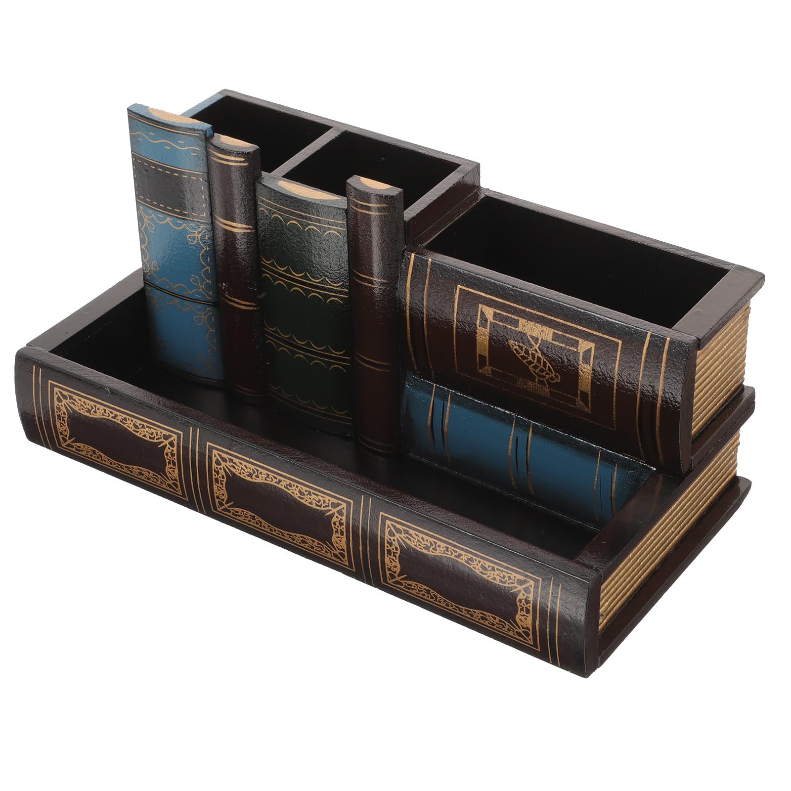 VALICLUD Portalápices de Escritorio Vintage Grande, Organizador de Papelería Compartimento Tipo Libro, Contenedor para Estante de Oficina, Caja para Bolígrafos y Pinceles, Decoración Retro