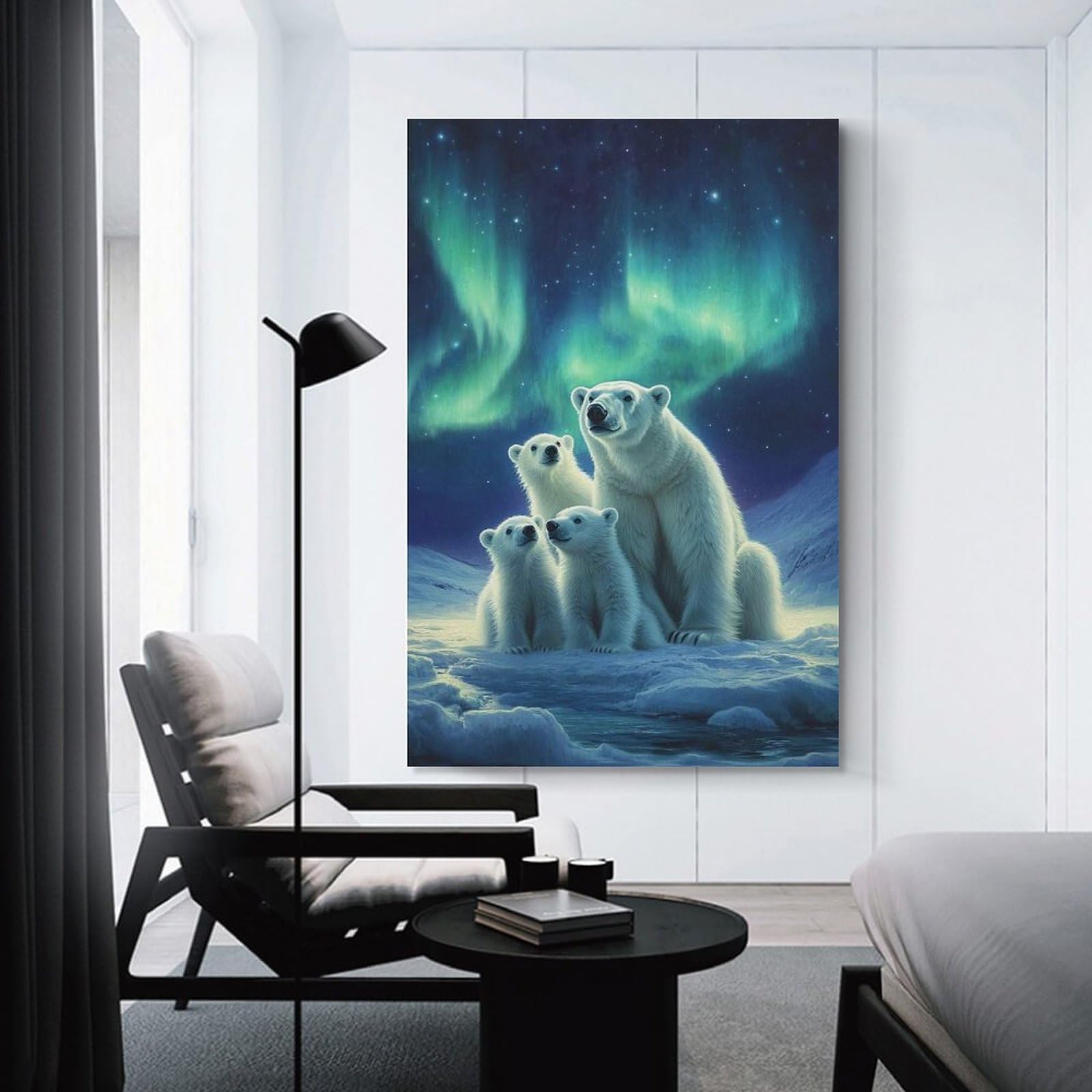 Junmoney Unframe-Style-17 Polar Bear Family Under Aurora Borealis Canvas Wall Decor, 08X12inch(20X30cm), For Wall Displays, Bedrooms Or Room Updates, Wall Decor Suited To Curated Displays