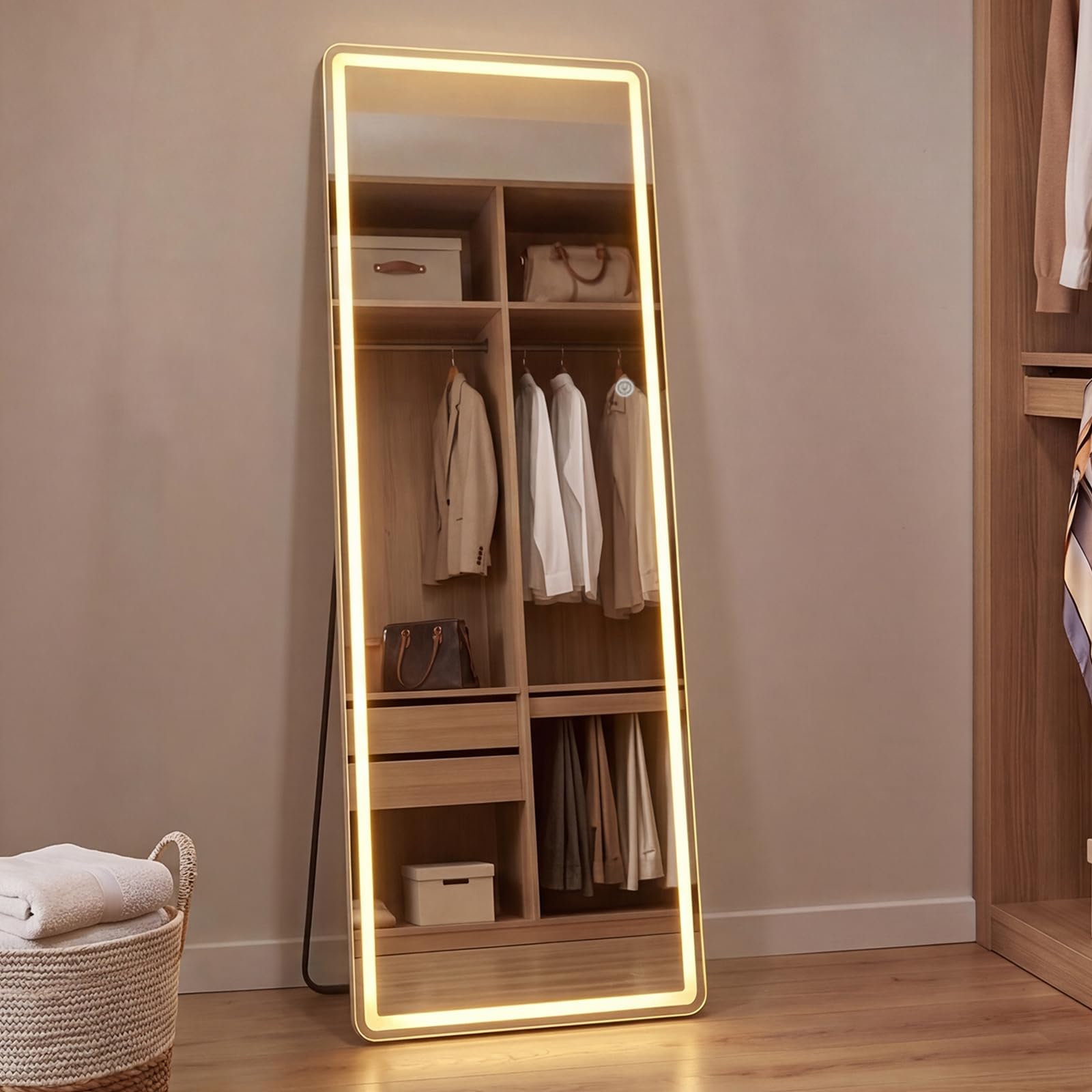 Yezi Full Length Mirror with Lights 165x60cm, LED Lighted Floor Mirror with Stand, 3 Color Lighting Full Body Wall Hanging Dressing Mirrors, Tempered Glass, for Bedroom, Living Room, Cloakroom