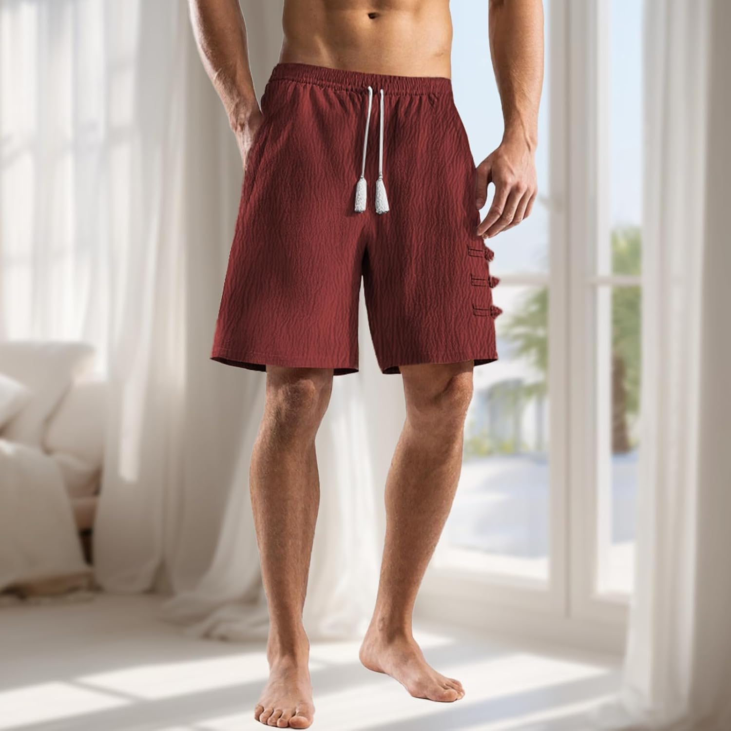 Summer Shorts for Men Loose Casual Elastic Waist Soild Color Basic Pants Quick Dry Workout Knee Length Beach Shorts - Image 2