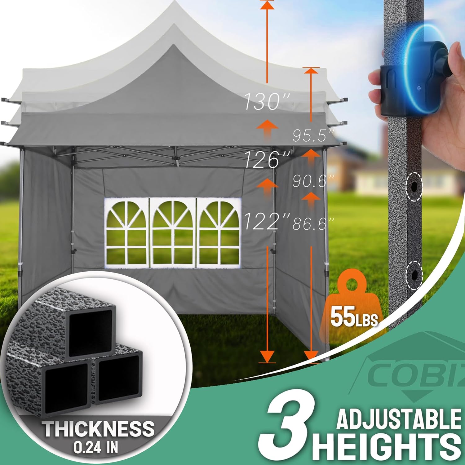 COBIZI 10x10 Pop Up Canopy Tent Heavy Duty with Sidewalls, Outdoor Commercial Canopy with Awning, Waterproof&23 SF Extended Awning, Vendor Tent for Market, Party Events, Grey