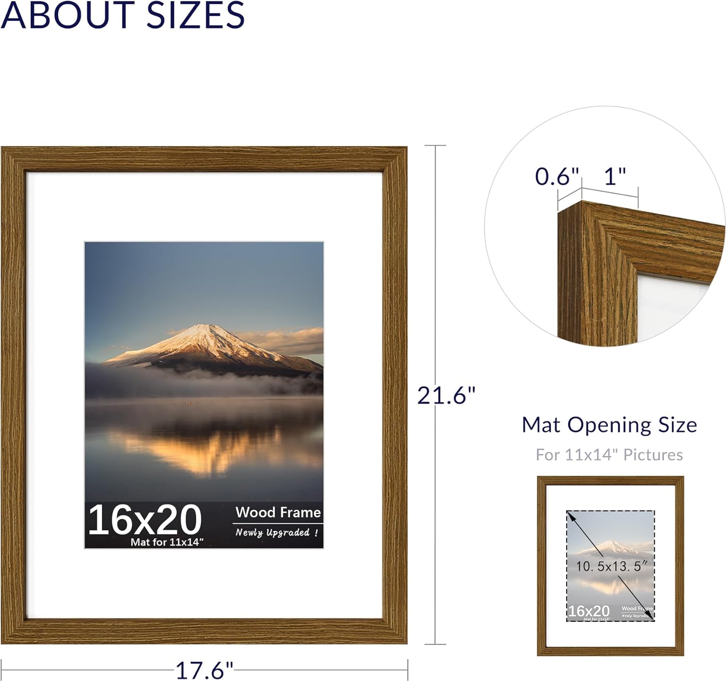 16x20 Poster Frame, Display Pictures 11X14 with Mat or 16x20 Without, Wall Hanging Frames, Rustic Brown, 3 Pack Brown 16X20