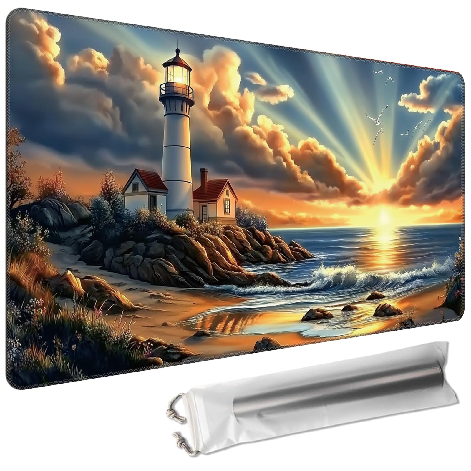 Cdkfxjy MTG Playmat 24 x 14in Includes Storage Bag,TCG Playmat with Soft Surface Premium Non-Slip Rubber Backing Stitched Edges Durable Gaming Mat,Lighthouse Sunset โ image 1