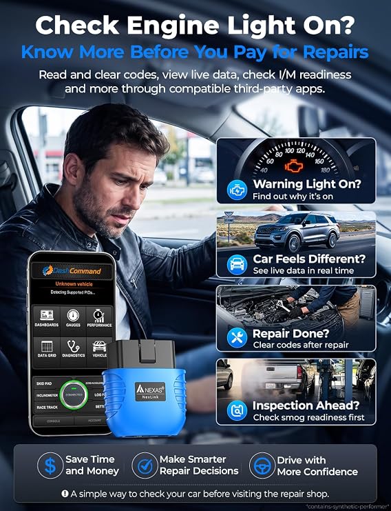 NEXAS NexLINK Bluetooth OBD2 Scanner with Live Data for All US Cars