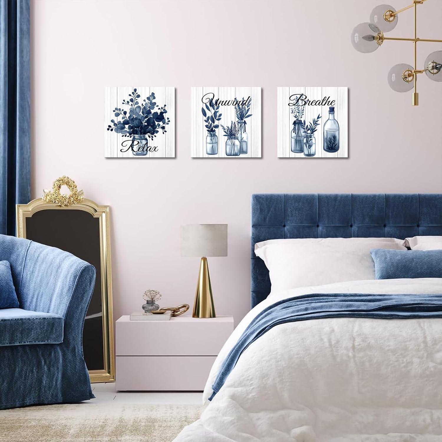 NutArtPic Blue Botanical Wall Art Eucalyptus Leaf Picture Botanical Plants Paintings For Bathroom Living Room Bedroom Office (Blue)