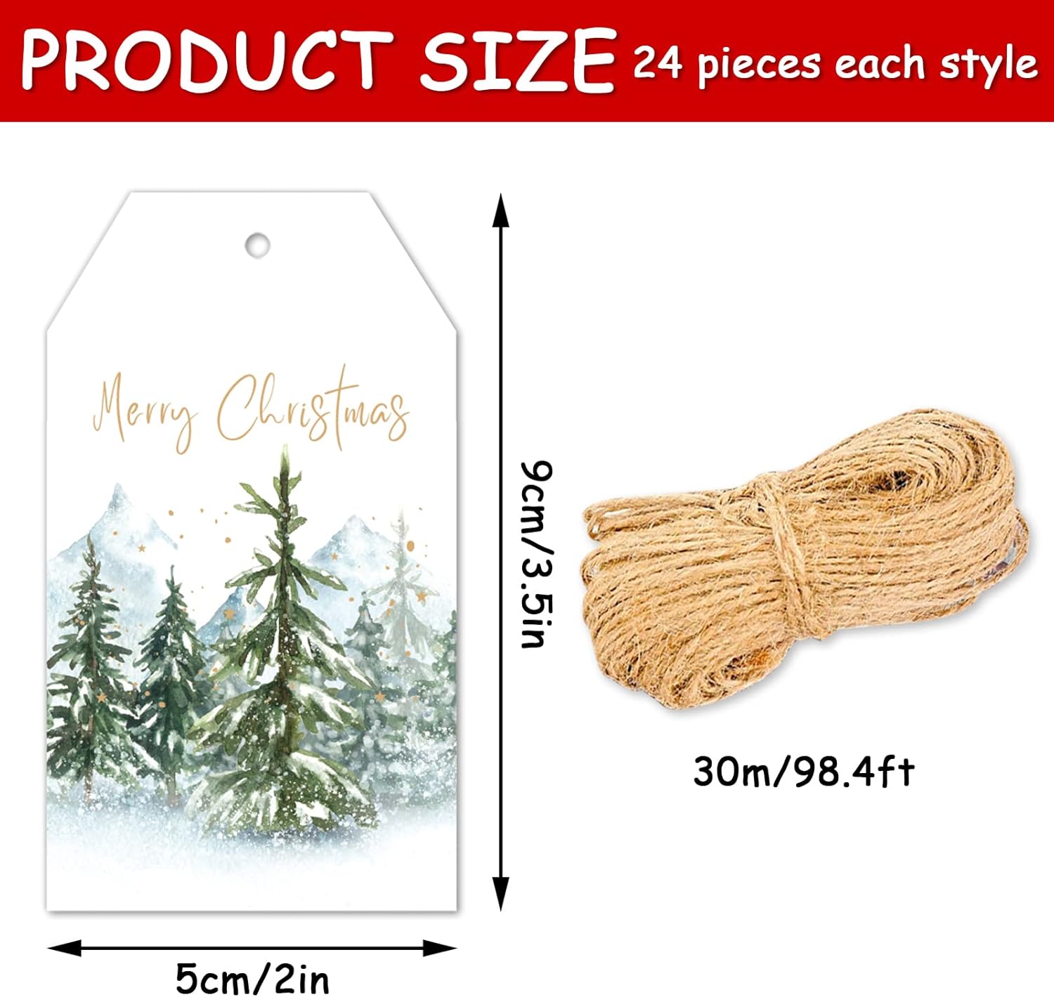 Whaline 120Pcs Christmas Paper Gift Tags Watercolor Christmas Tree Tags Gold Foil with Hemp Rope Merry Christmas Holiday Hanging Labels Gift Tags for Xmas Winter DIY Gift Party Favor Decor, 5 Designs - Image 2