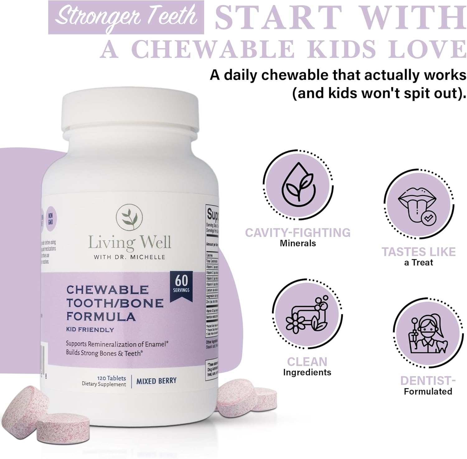 Living Well Kids Calcium & Tooth Support – Chewable Bone Health Vitamins with D3 + K2, Magnesium & Zinc – Strong Teeth & Enamel Defense – Berry Flavor – Fluoride-Free, Non-GMO