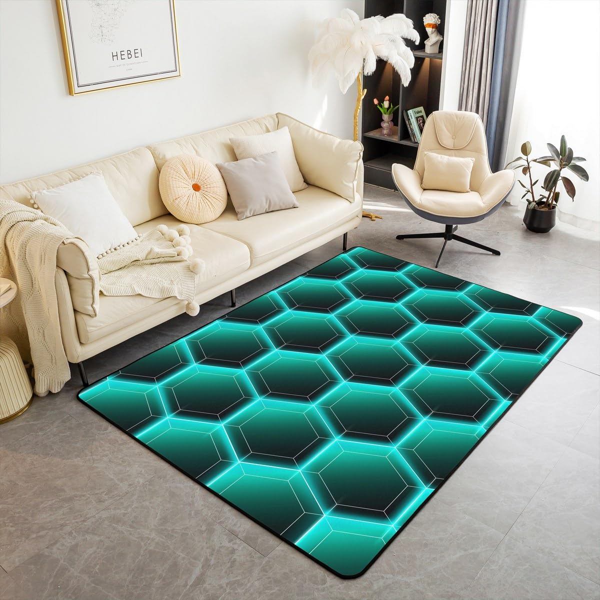 Tapis géométrique hexagonal haut de gamme bleu sarcelle et noir