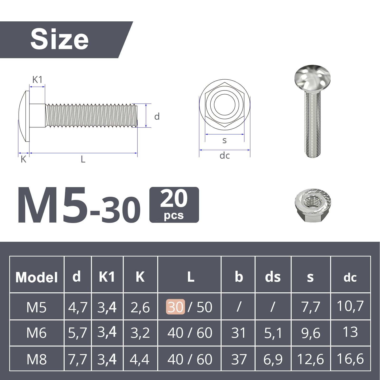 Wavanta M5 Coach Bolts, M5 x 30mm Carriage Bolts with Flange Hexagon Nuts, Zinc Plated, Carbon Steel, Coach Screws, Pack of 20 - Image 2
