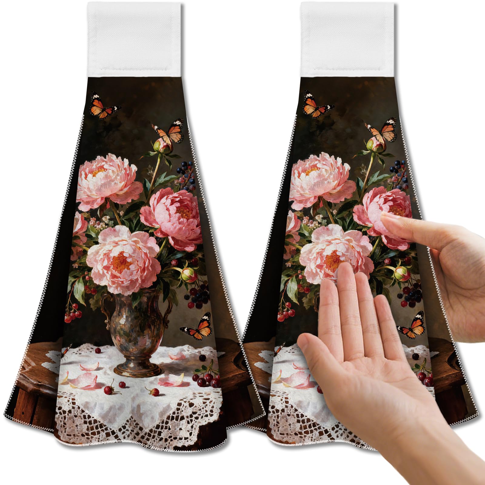 CUTHOLLOW 2PCS Pink Flower Oil Painting Tea Towels for Kitchen with Loop, 31.5x43.5cm Soft Absorbent Microfiber Decorative Hanging Dish Towel, Tea, Coffee Towel for Kitchen Bathroom Oven Handle